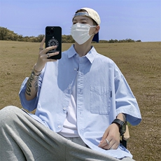 港风衬衫男短袖潮牌高级感薄款衬衣休闲痞帅宽松外套CS03160-P35，男装衬衫，星座308B-1