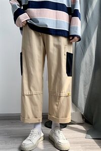 秋款大口袋撞色宽松九分裤男情侣大码裤工装休闲裤哈伦裤P30图片