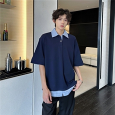 藏青色假两件短袖男款夏季潮牌衬衫拼接t恤重磅美式学院风polo衫，男装Polo衫，四季星座505
