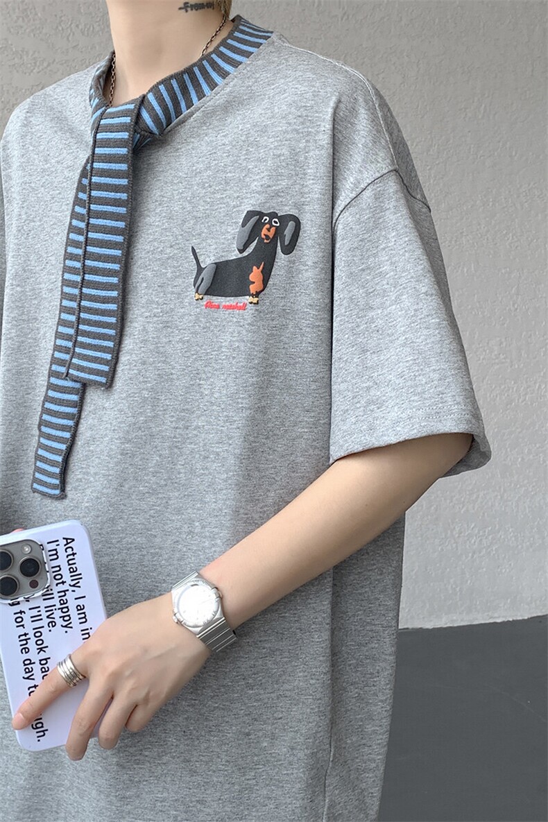 8XL-M纯棉复古拼接假领带设计短袖美式T恤男重工情侣上衣潮DX341,男装T恤,电商D206-1