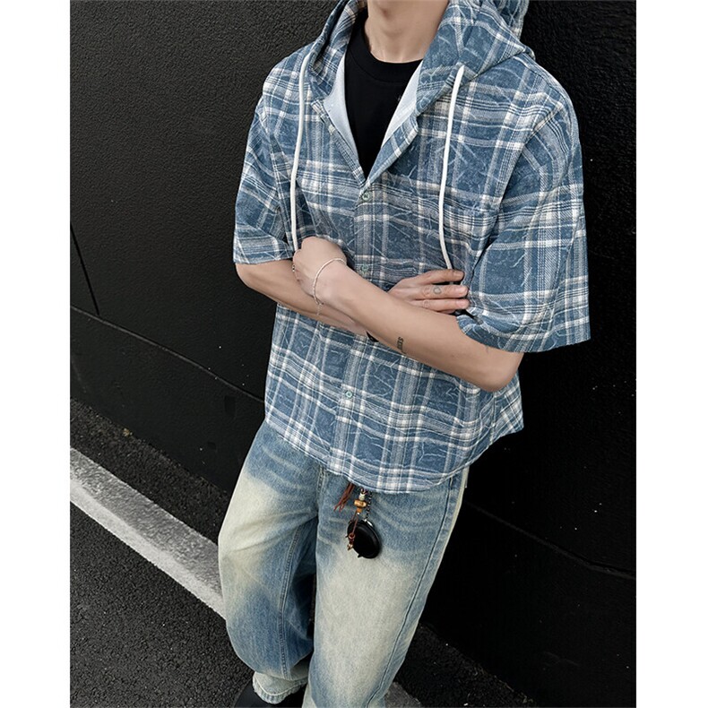 CS6016-特P30控58夏季美式复古格子连帽短袖衬衫男女接头宽松,男装衬衫,电商A058-1（原电商C417）