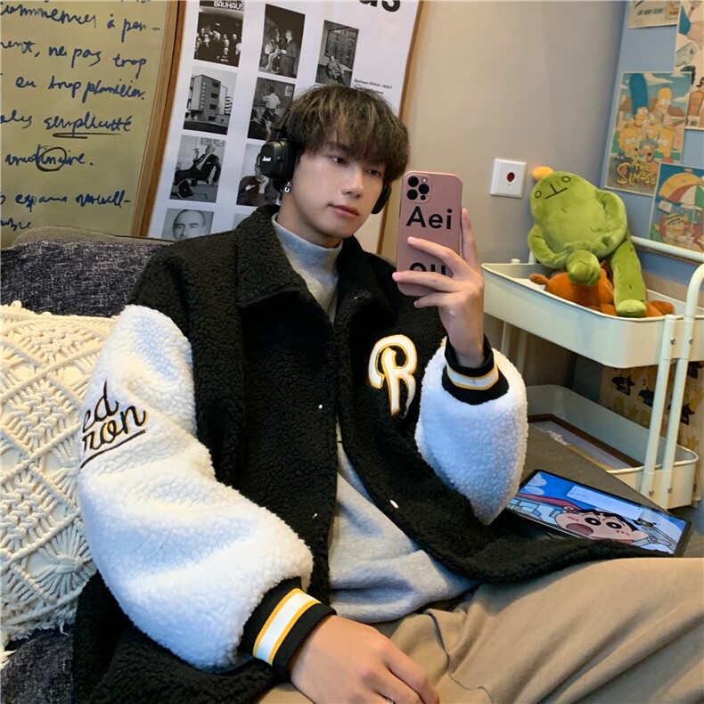 羊羔毛毛巾绣保暖外套男冬季港风宽松拼接棉服男YG256-P95限128图片