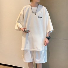 2026夏装华夫格拼接绣花休闲运动套装五分短裤TZ808/P65白色，男装休闲套装，电商A094