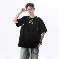 XZ1005-1-TTH0039-P48-夏季重磅垫肩金属拉链设计感短袖T恤，男装T恤，星座1005-1