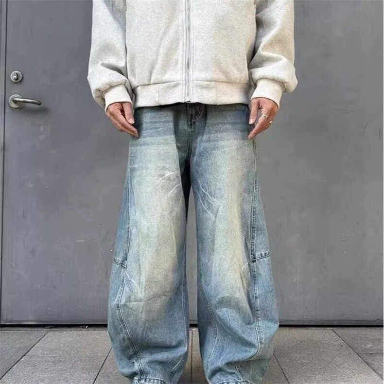 蓝色阔腿牛仔裤男2024新款垂感显高弯刀裤设计休闲长裤潮图片