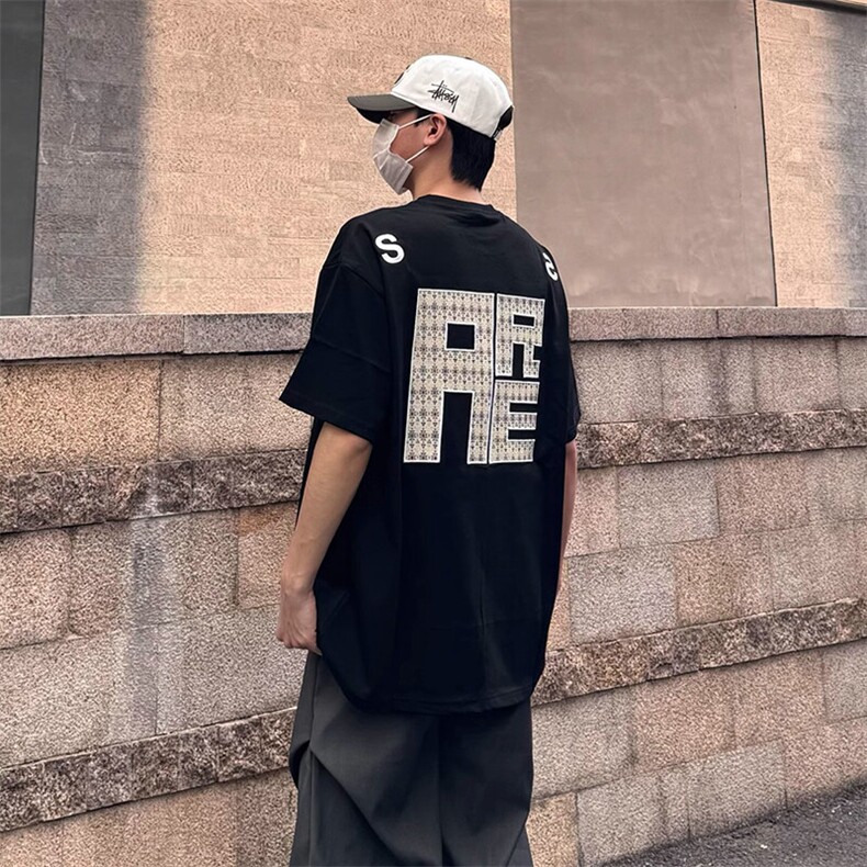 万针全刺绣工艺抖音得物高品质260克重磅纯棉双纱美式高街短袖T恤,男装T恤,电商A486