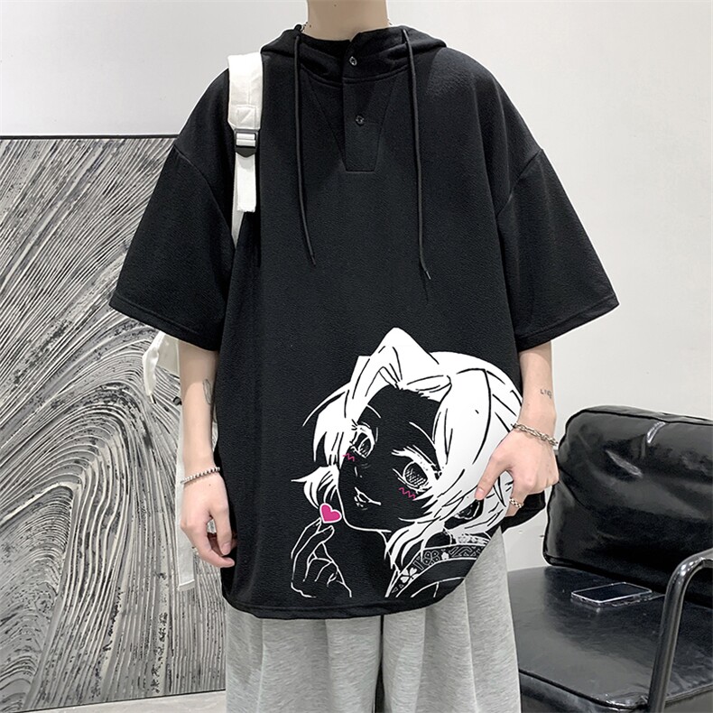 LD54153-P45连帽短袖t恤男大码胖子带帽五分袖中袖大皂风,男装T恤,电商A040
