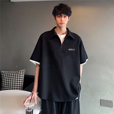 半拉链美式复古潮牌假两件情侣学院风POLO衫短袖T恤T240-P38，男装Polo衫，电商C307