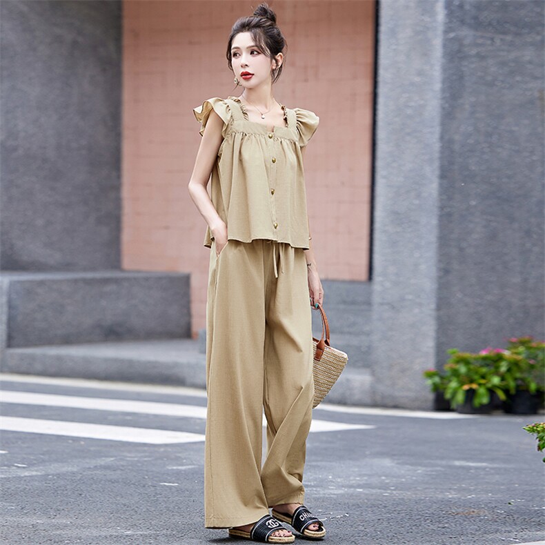 现货！！2024夏季新款休闲时尚阔腿裤两件套,女装套装/套裙,涵墨
