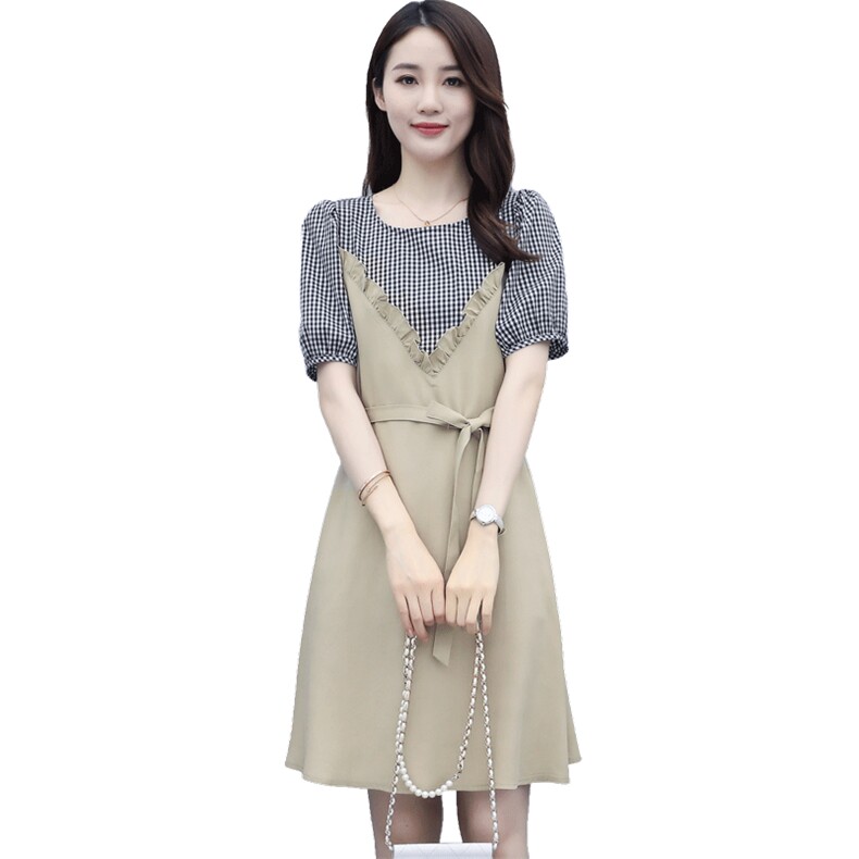 2023夏季新款女装格子拼接大码胖mm遮肉显瘦裙子女宽松洋气连衣裙,女装连衣裙,微微衣阁