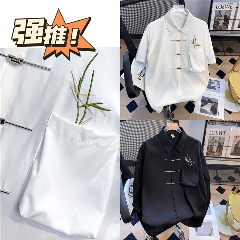 潮牌休闲短袖衬衫男女高级感风金属扣衬衣垂感新中式外套图片