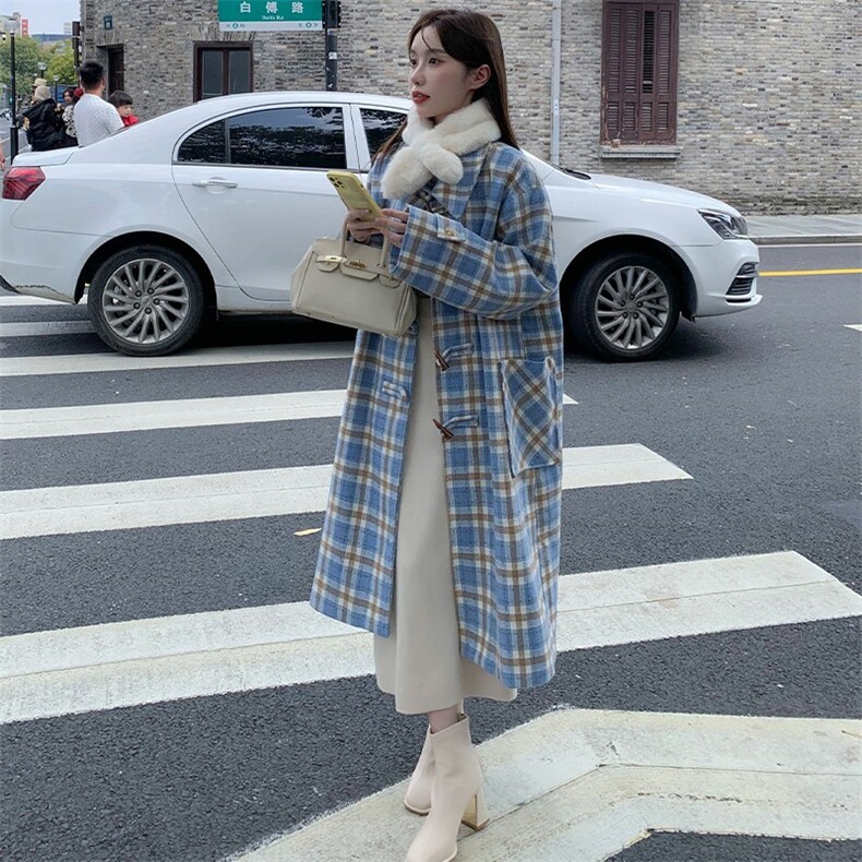 蓝色牛角扣格子毛呢外套女中长款2022冬新款高级感韩系过膝呢大衣，女装连衣裙，浙宝276（原081）