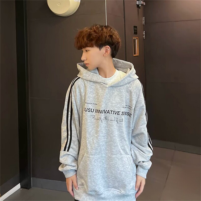 抖音得物品质480克全棉加绒织带连帽印花卫衣三条杠针织卫衣A0405,男装卫衣,电商A443