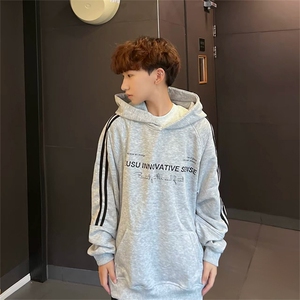 抖音得物品质480克全棉加绒织带连帽印花卫衣三条杠针织卫衣A0405图片
