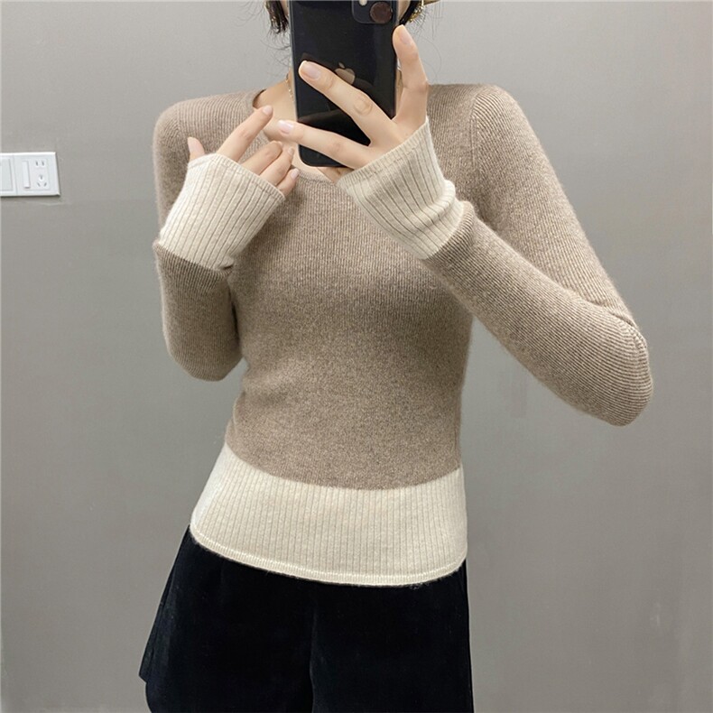2025百搭时尚简约拼色打底衫，女装羊绒衫，国旺羊绒