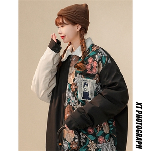 1中性风刺绣拼接翻领羊羔毛大码M-5XL棉服外套女8723P110控148图片