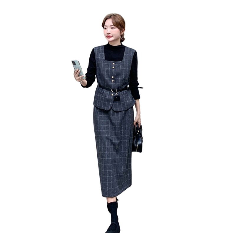 格纹马甲打底衫半身裙套装女秋冬2025新款小个子爆款高级感三件套,女装套装/套裙,1D102-1