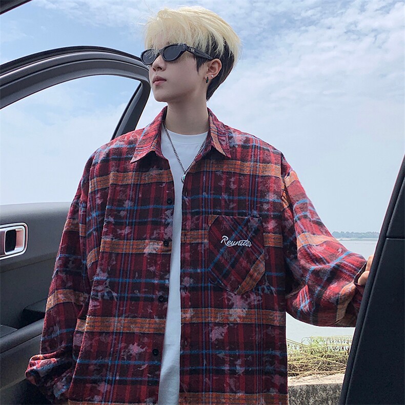 衬衫男秋季新款港风宽松大码格子扎染刺绣长袖衬衣CS3016-P38，男装衬衫，星座214-3