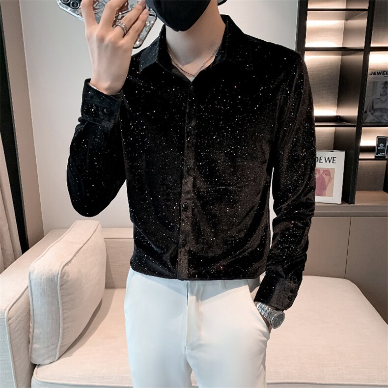 B216 HF304 P55 2025秋冬装男士长袖衬衫金丝绒衬衣 小伙风图片