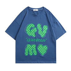 1港风运动情侣大码M-5XL中性潮爱心格子印花短袖DT7793P25控38，男装T恤，星座226-2