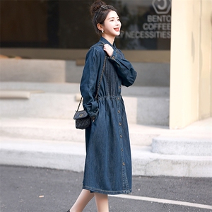 欧货牛仔连衣裙女长袖秋季2025新款时尚大码胖mm显瘦中长款衬衫裙图片