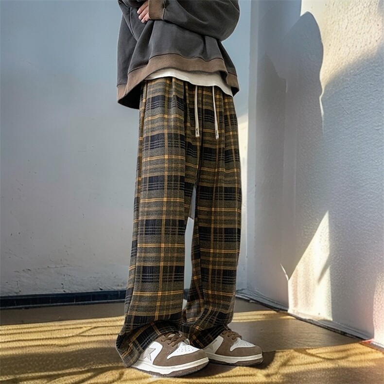 慵懒风磨毛格子裤直筒休闲裤不加绒P50控68加绒P60控78图片