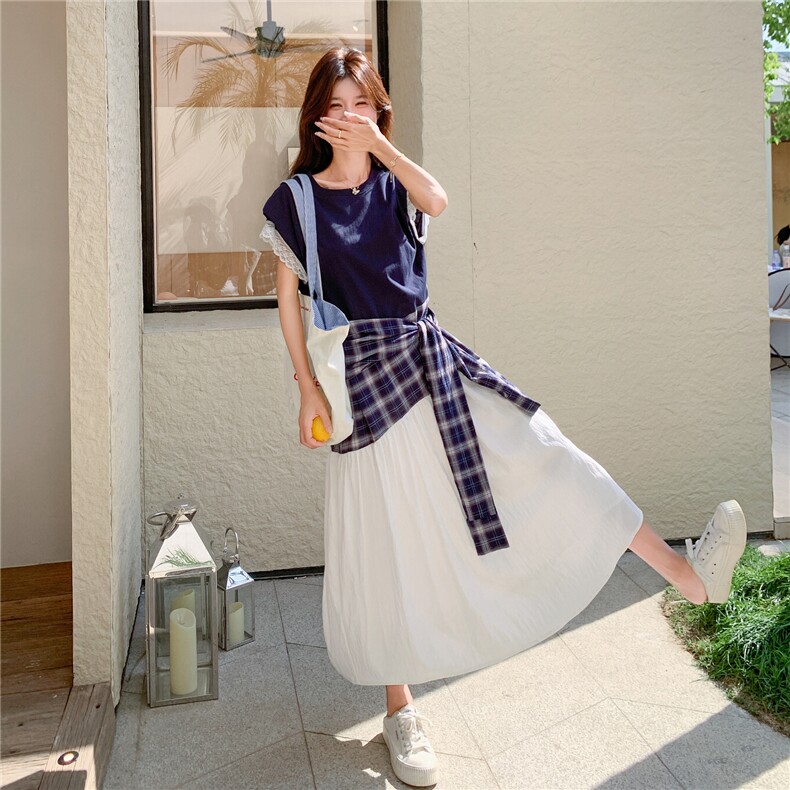 韩版学院风拼接腰封绑带连衣裙女2025夏季新款休闲减龄飞飞袖长裙,女装连衣裙,2C201