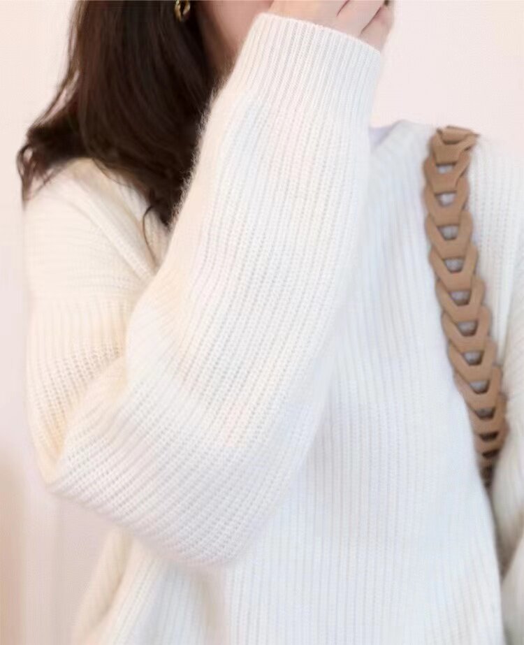 纯山衫圆领欧洲站大码女装针织打底衫慵懒风白色加厚毛衣,针织衫/毛衣,美莎羊绒