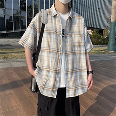 小香风格子衬衫翻领男大皂大码宽松痞帅外套格子衬衣A012/955TP26，男装衬衫，电商A012