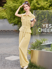 黄色绝美休闲套装裤女2025夏季新款系带收腰衬衫工装阔腿裤两件套，女装套装/套裙，众宇琦