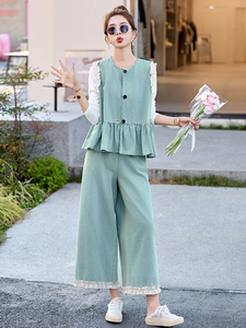超好看蕾丝花边牛仔套装女2025夏季新款韩系减龄马甲阔腿裤两件套图片