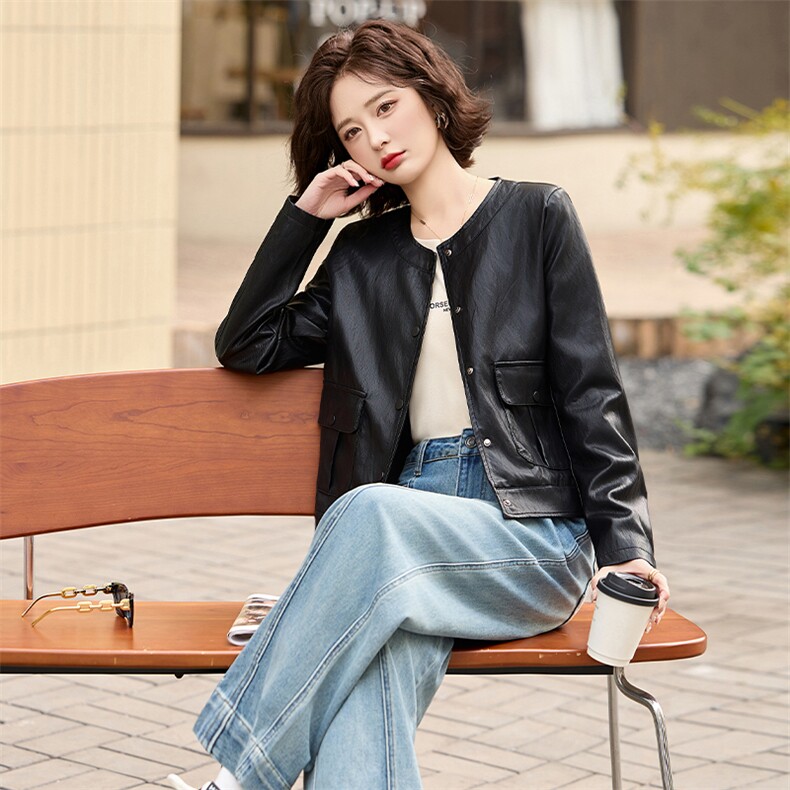 2025春秋季新款高级感质感长袖短款圆领pu皮衣夹克欧美时尚外套女,女装皮衣,美拉德工厂直营店