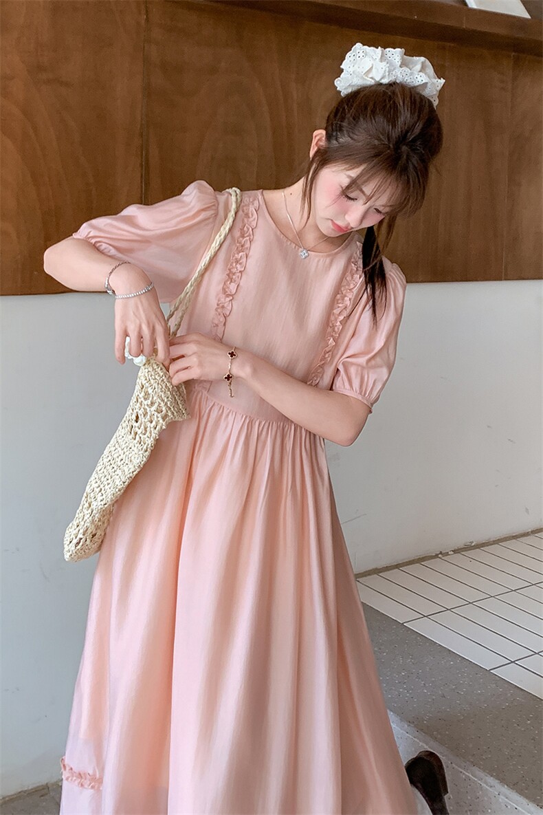 粉色木耳边泡泡袖连衣裙女2025夏季新款法式甜美宽松小个子长裙潮,女装连衣裙,2C317A