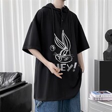 LD54179-P45连帽短袖t恤男大码胖子带帽五分袖中袖，男装T恤，电商A040