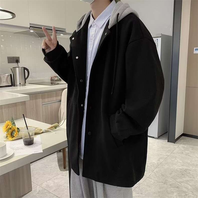 秋冬季拼接夹克男连帽毛呢大衣港风宽松简约纯色百搭外套DY24P65,男装毛呢大衣,星座410-2