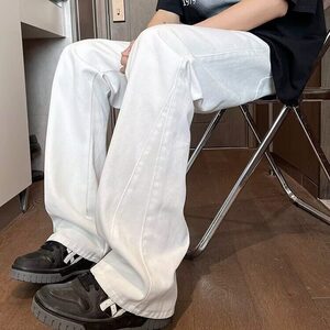 美式休闲高街宽松水洗牛仔裤男复古松紧腰微喇叭潮牌百搭纯色长裤图片