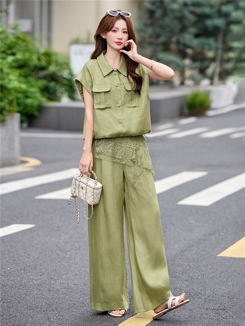 现货轻熟风气质女2026夏季麻料薄款加蕾丝屁帘上衣阔腿裤两件套,商品下架区,伊仟回