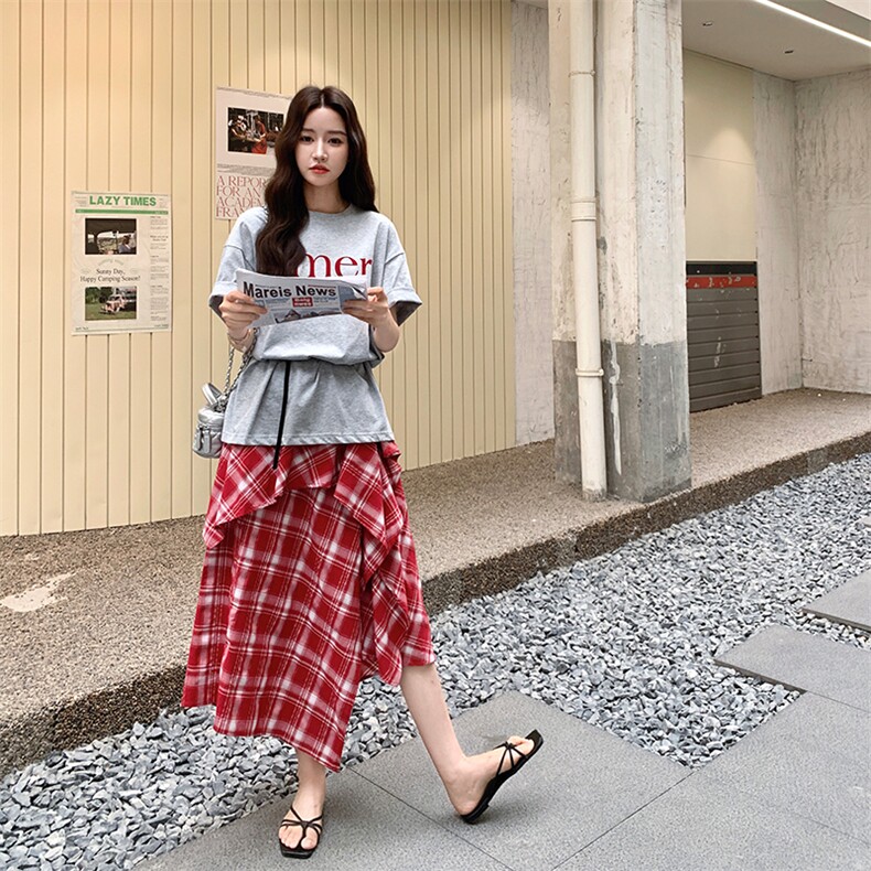 不规则灰色T恤格子半身裙套装女夏松驰感慵懒风两件套爆款小众,女装套装/套裙,1C151