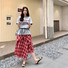 不规则灰色T恤格子半身裙套装女夏松驰感慵懒风两件套爆款小众，女装套装/套裙，1C151