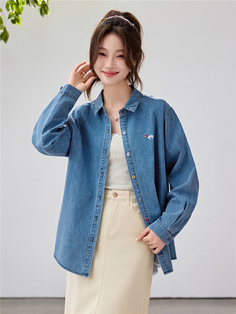 韩系松弛感牛仔衬衫女2026春款刺绣彩扣叠穿百搭长袖上衣宽松显瘦,女装衬衫,艾米