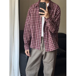 美式复古红色格子衬衫外套男女宽松衬衣休闲新款长袖上衣潮图片