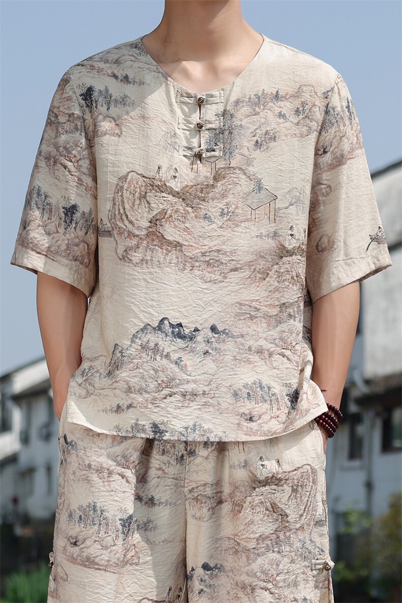 2025夏季男装禅服上衣风冰丝印花盘扣唐装短袖T恤C102-P45,男装T恤,电商B277(原6028)