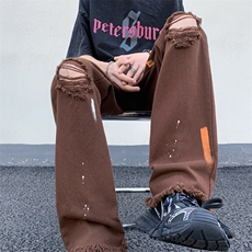 B221美式ins高街暗黑喷墨休闲破洞微喇牛仔裤LK23088-P65控88，男装牛仔裤，电商B221