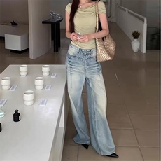 网图现货美式复古直筒牛仔裤女高腰宽松窄版阔腿裤B33-P45，男装牛仔裤，星座910-1
