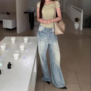 网图现货 美式复古直筒牛仔裤女高腰宽松窄版阔腿裤B33-P45图片