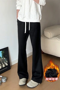 美式斜切弯刀卫裤男款冬季加绒加厚校服裤子青少年直筒微喇运动裤图片