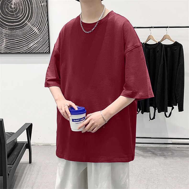 支持单件包装抖音得物二开210克宽松落肩纯棉光版纯色短袖T恤9.5,男装T恤,电商A486-1