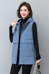 2022年秋季中长拉链款连帽纯色马夹通勤简约棉，女装马甲，依倍林