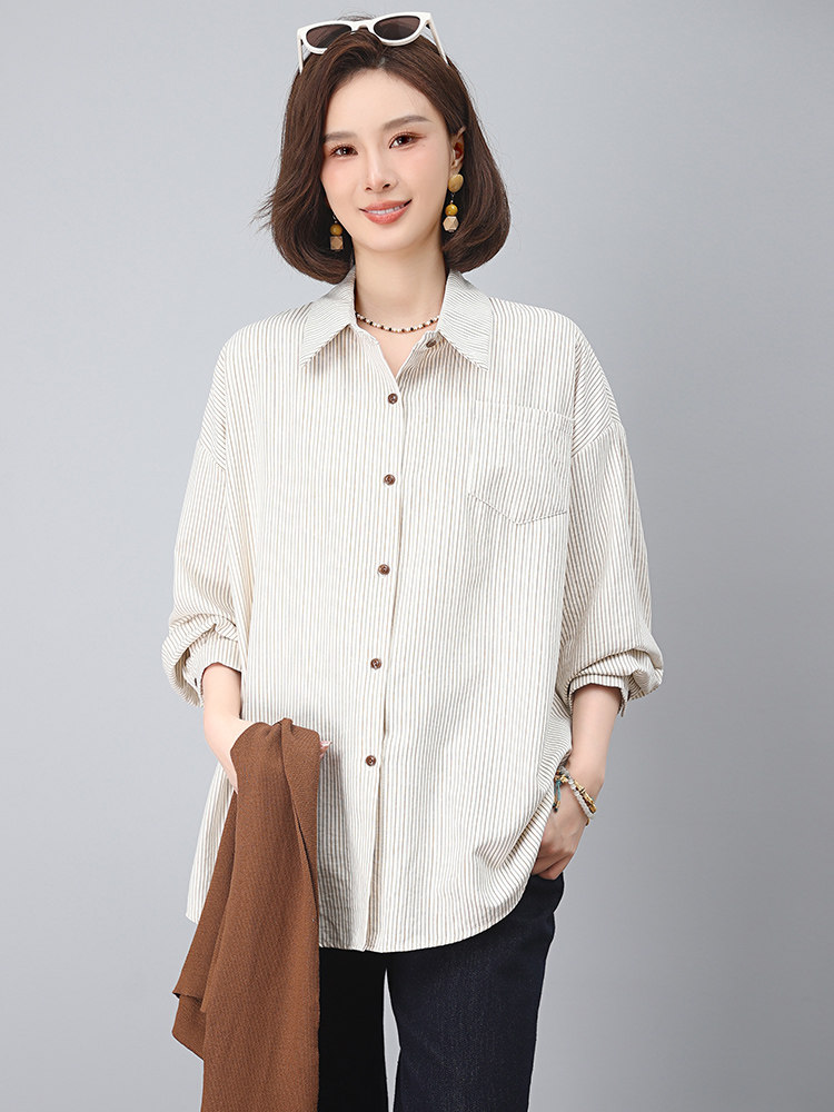 带披肩纯棉条纹小衫女夏季韩版休闲宽松年轻款妈妈薄款衬衫上衣潮,女装套装/套裙,江忆布依