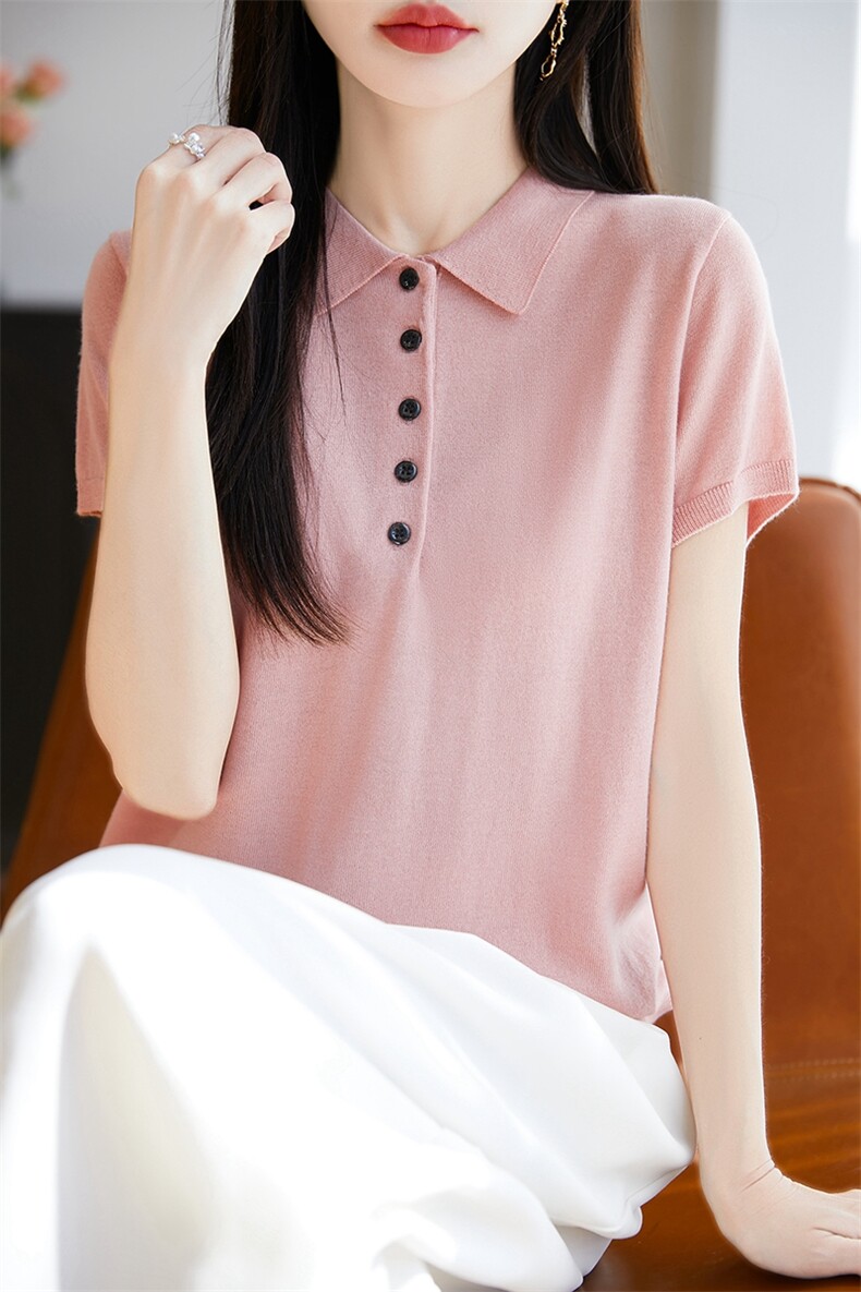 POLO翻领短袖针织T恤女2025夏薄款新款精纺薄款打底小衫t恤衫上衣,针织衫/毛衣,暖烁特种纱工厂店